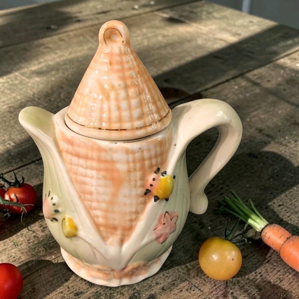 Vintage Corn Cob covered Creamer Pitcher with Lid 6” Ladybugs Jar bowl ceramic